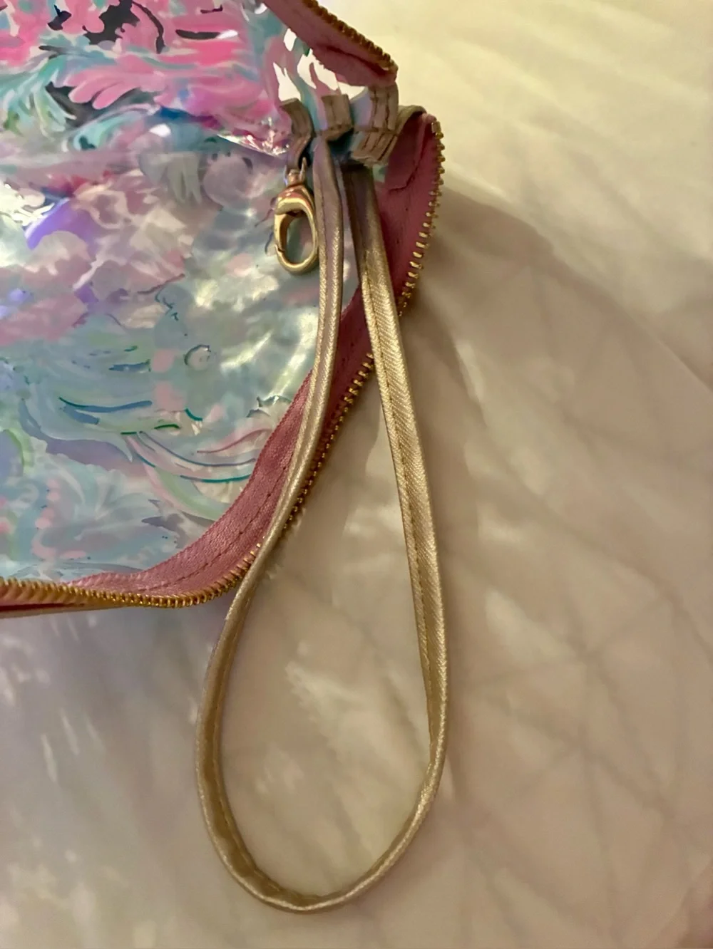 Lilly Pulitzer Pink Teal Floral Clear Beach Bag Set with Gold Trim - 5 pieces
